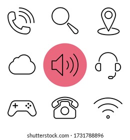Web icon set. Thin line icons set consisting of Phone, Call, Search, Magnifier, Map Pin, Cloud, Speaker, Operator, Support, Play, Wi-Fi. Outline web icons. Editable Stroke Web Icon