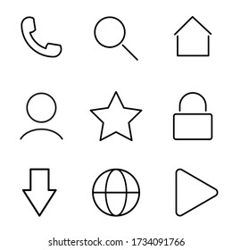 Web icon set. Thin line icons set consisting of Phone, Call, Search, Magnifier, House, User, Mail, Lock, Arrow, Planet, Globe, Play. Outline web icons. Editable Stroke Web Icon