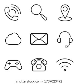 Web icon set. Thin line icons set consisting of Phone, Call, Search, Magnifier, Map Pin, Cloud, Speaker, Operator, Support, Play, Wi-Fi. Outline web icons. Editable Stroke Web Icon