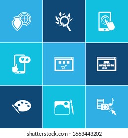 Web icon set and usability with touchscreen, organic search and network protection. Magnifier related web icon vector for web UI logo design.