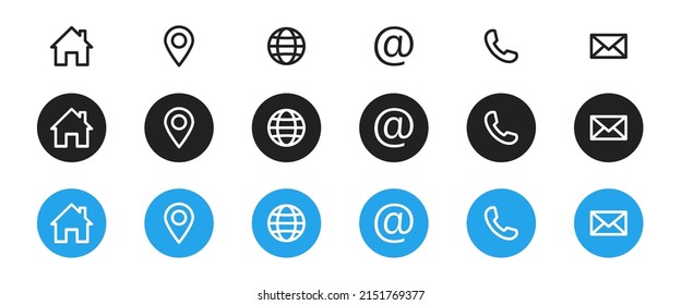 Conjunto de iconos Web. Iconos del sitio web. Nombre, teléfono, móvil, ubicación, lugar, correo, fax, web. Contáctenos, información, comunicación. Ilustración vectorial. EPS 10.