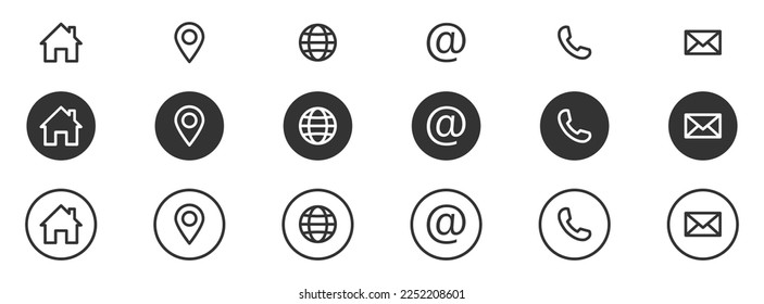 Conjunto de iconos Web. Iconos del sitio web. Nombre, teléfono, móvil, ubicación, lugar, correo, fax, web. Contáctenos, información, comunicación. Ilustración vectorial. EPS 10.