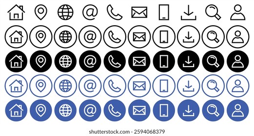 Web icon sheet. Website icons collection. Icons sheet containing home, location, contact information, phone, email and web address symbol. Vector illustration. Editable stroke EPS 10