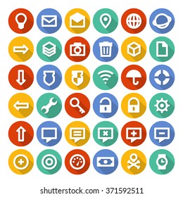 Web Icon vector set 2 of 4. Vector set flat web icons with long shadow. Big set of flat icons for mobile app and web. Set of Universal and Standard White Icons on Flat Colored Buttons with Shadows.