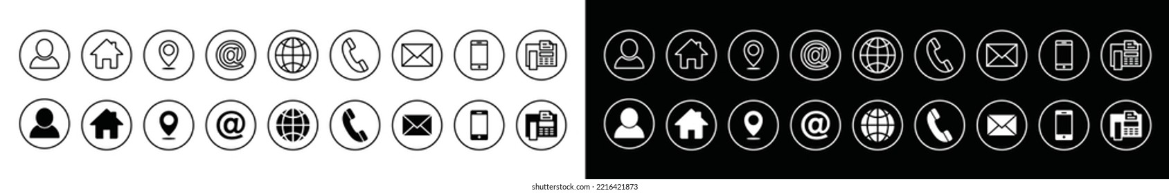 Websymbol-Vektorset. Kontaktinformationen und Symbol-Illustration der Website. Visitenkarten-Informationszeichen Silhouette