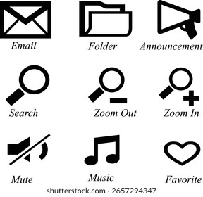 Iconos de Web; Correo electrónico, Silencio de carpetas, Zoom, Favorito, Búsqueda, Zoom, Zoom y Anuncio
