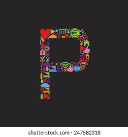 Web icons alphabet, letter P. Vector illustration