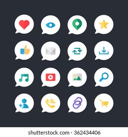 Web Icons for blog and social networks, online shopping and email, files of video, images and photos. Elements for count of views, likes and reposts. Vector