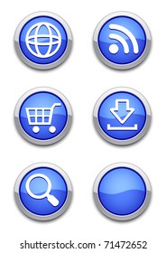 iconos web con botones redondos brillantes azules sobre blanco. Todos los elementos están separados. El archivo está en capas.