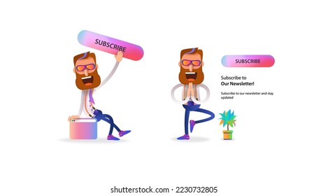 Web-Icons mit einem Cartoon barded man und einem Abonnentaste. Vektorbanner