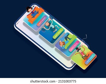Web icons with cartoon characters on the mobile phone screen. Vector banner