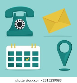 Web icons. Cartoon style vector web icons set of telephone, yellow mail, schedule calendar and geo location icon