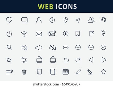 Colección de iconos Web. Se puede utilizar en la aplicación, en el sitio web, banners, menús. Iconos de línea. Menú, sonido, corazón, encendido, apagado, flecha, bandera. Iconos planos.  Iconos Ui ux