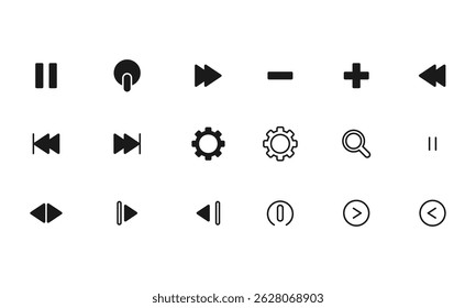Compilación de iconos web. Los signos y símbolos esenciales establecen la corrección. Iconos cuadrados redondos con el estilo popular de la línea, el Web y los iconos móviles. Ilustración vectorial aislada sobre fondo blanco
