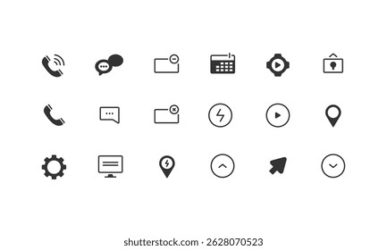 Compilación de iconos web. Los signos y símbolos esenciales establecen la corrección. Iconos cuadrados redondos con el estilo popular de la línea, el Web y los iconos móviles. Ilustración vectorial aislada sobre fondo blanco