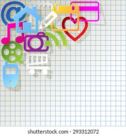 Web Icons in the corner on a checkered pattern background.