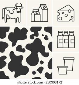 Web icons Dairy milk and cow skin seamless pattern. 