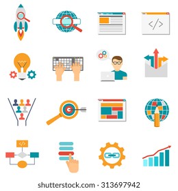 Web icons flat set with seo programming and design symbols isolated vector illustration