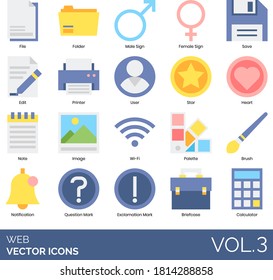 Web icons including file, folder, male, female sign, save, edit, printer, user, star, heart, note, image, wi-fi, palette, brush, notification, question, exclamation mark, briefcase, calculator.