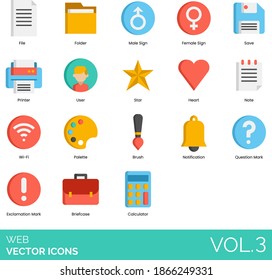 Web icons including file, folder, male, female sign, save, printer, user, star, heart, note, wi-fi, palette, brush, notification, question, exclamation mark, briefcase, calculator.