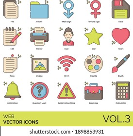 Web icons including file, folder, male, female sign, save, edit, printer, user, star, heart, note, image, wi-fi, palette, brush, notification, question, exclamation mark, briefcase, calculator.