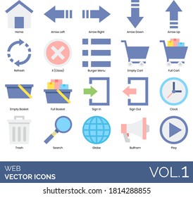 Web icons including home, arrow left, right, down, up, refresh, close, burger menu, full cart, empty basket, sign in, sign out, clock, trash, search, globe, bullhorn, play.