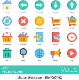 Web icons including home, arrow left, right, down, up, refresh, close, burger menu, full cart, empty basket, sign in, sign out, clock, trash, search, globe, bullhorn, play.