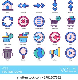 Web-Icons einschließlich Home, Pfeil, Links, Rechts, Down, Up, Erneuern, Close, x, Burger, Menü, Warenkorb, leer, voll, Korb, anmelden, aus, Uhr, Abfall, Suche, Globus, Bullhorn, Play, Schaltfläche.