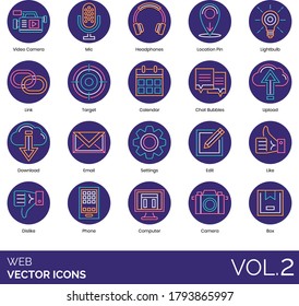 Web icons including video camera, mic, headphones, location pin, lightbulb, link, target, calendar, chat bubble, upload, download, email, settings, edit, like, dislike, phone, computer, box.