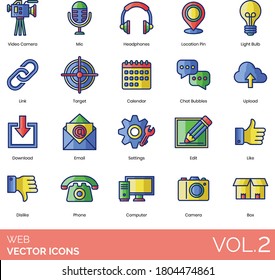 Web icons including video camera, mic, headphones, location pin, lightbulb, link, target, calendar, chat bubble, upload, download, email, settings, edit, like, dislike, phone, computer, box.