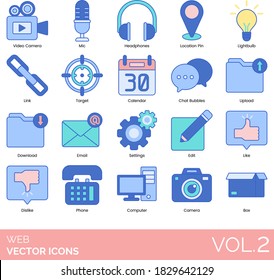 Web icons including video camera, mic, headphones, location pin, lightbulb, link, target, calendar, chat bubble, upload, download, email, settings, edit, like, dislike, phone, computer, box.