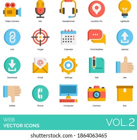 Web icons including video camera, mic, headphones, location pin, lightbulb, link, target, calendar, chat bubble, upload, download, email, settings, edit, like, dislike, phone, computer, box.