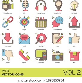 Web icons including video camera, mic, headphones, location pin, lightbulb, link, target, calendar, chat bubble, upload, download, email, settings, edit, like, dislike, phone, computer, box.