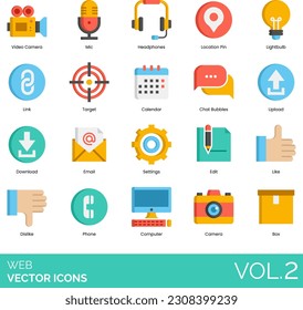 Iconos web que incluyen cámara de video, micrófono, auriculares, pin de ubicación, bombilla, enlace, destino, calendario, burbuja de chat, carga, descarga, correo electrónico, configuración, edición, me gusta, teléfono, computadora, caja.