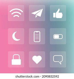 Web icons infographics in glassmorphism style: wi-fi, mail, like, message, lock, phone, battery