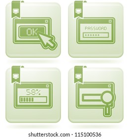 Web icons (internet icons), pictured here from left to right:  OK dialog window, Password window, Downloading progress window, Search window.