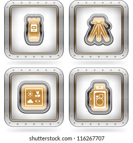 Web icons (internet icons), pictured here from left to right:  Camera lens, Tripod, Camera predefined program icons, Old fashion camera.
