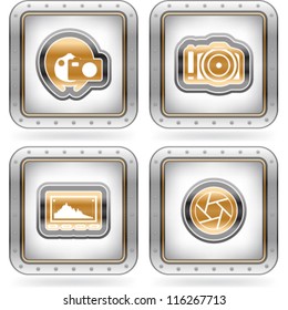 Web icons (internet icons), pictured here from left to right:  Woman photography, Professional Camera (DSLR), Histogram, Shutter.