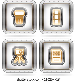 Web icons (internet icons), pictured here from left to right:  Flash gun, Film strip, Compact camera & tripod, Memory card.