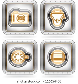 Web icons (internet icons), pictured here from left to right:  Compact camera, Camera bag, Dial button, Camera shutter.