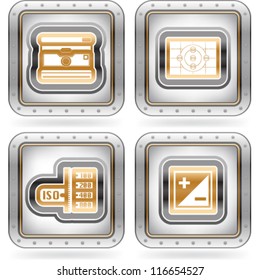 Web icons (internet icons), pictured here from left to right:  Old fashion camera, Viewfinder grid, ISO dial, Black & White balance.