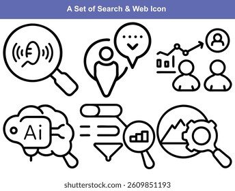 web icons in line style. Magnifying glass linear icon collection. Containing SEO, Digital marketing, data analysis, management, investigate, find and more. Editable stroke