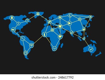 Web icons on the world map. Infographic concept, vector illustration.
