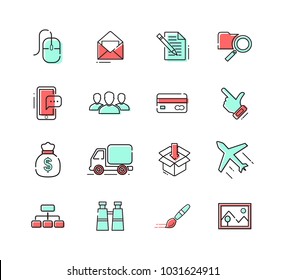Web icons, outlines and two colors: torques and red. Vector set of Web design, usability, UI and UX icon set. Design elements. Perfect set for any other kind of design. Isolated. Layered. Fully editab