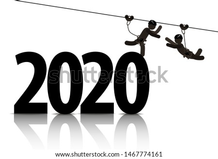 Web icons of people. Black figures of people go in large numbers by 2020 zipline. Vector banner
