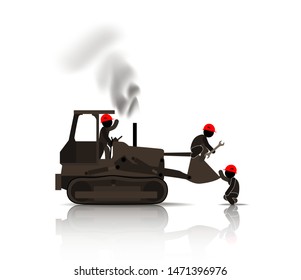Web icons of people. Construction workers repairing a bulldozer. Vector banner