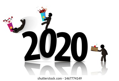 Web icons of people. Figures of people jumping on the figures 2020 with lemonade and cake in hand. Vector banner