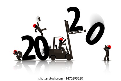 Web icons of people. The forklift crashed into the huge numbers 2020. Vector banner