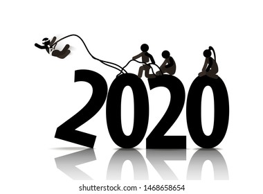 Web icons of people. Group of climbers jumping down from big numbers 2020. Vector banner