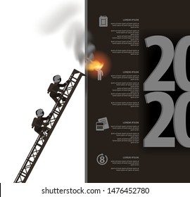 web icons of people with infographics. Fire crawling on the fire escape and put out the numbers 2020. Vector banner